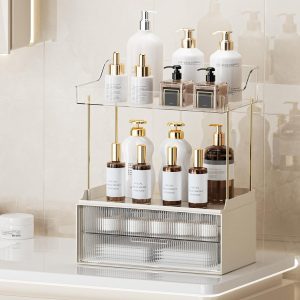 2-Tier 2-Drawer Bathroom Countertop Organizer, Skin Care Large Organizer, Multi-Purpose Makeup Storage Rack for Vanity, Cosmetic Counter Organizer (Clear)