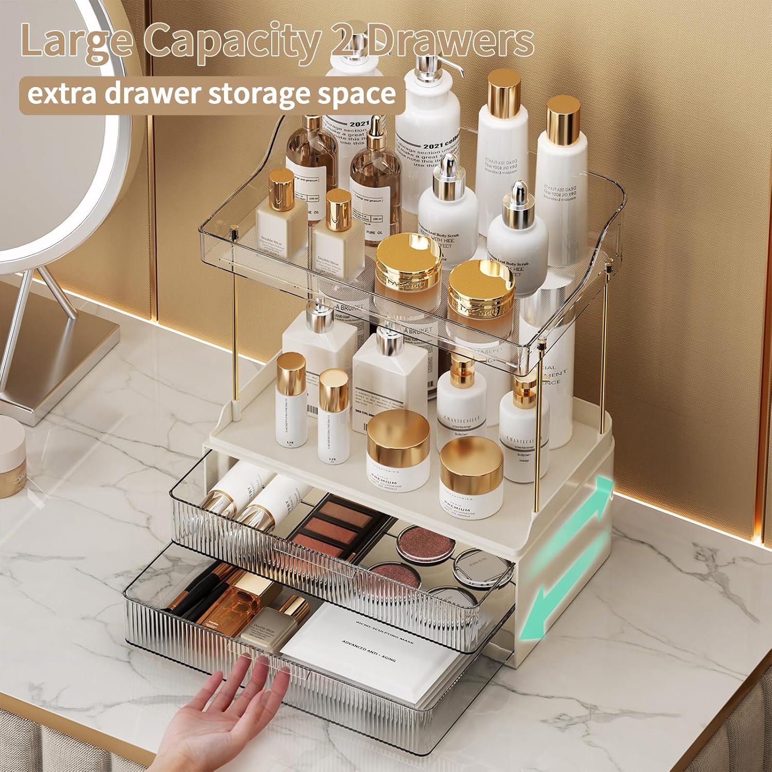 2-Tier 2-Drawer Bathroom Countertop Organizer, Skin Care Large Organizer, Multi-Purpose Makeup Storage Rack for Vanity, Cosmetic Counter Organizer (Clear) - Image 2