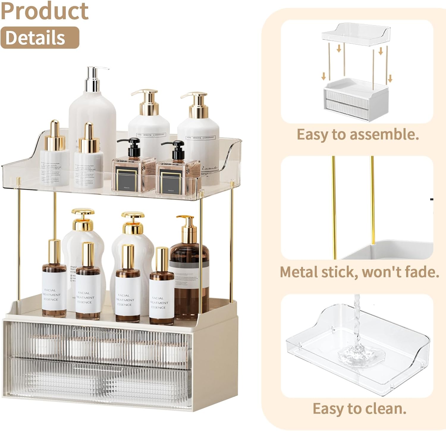 2-Tier 2-Drawer Bathroom Countertop Organizer, Skin Care Large Organizer, Multi-Purpose Makeup Storage Rack for Vanity, Cosmetic Counter Organizer (Clear) - Image 3