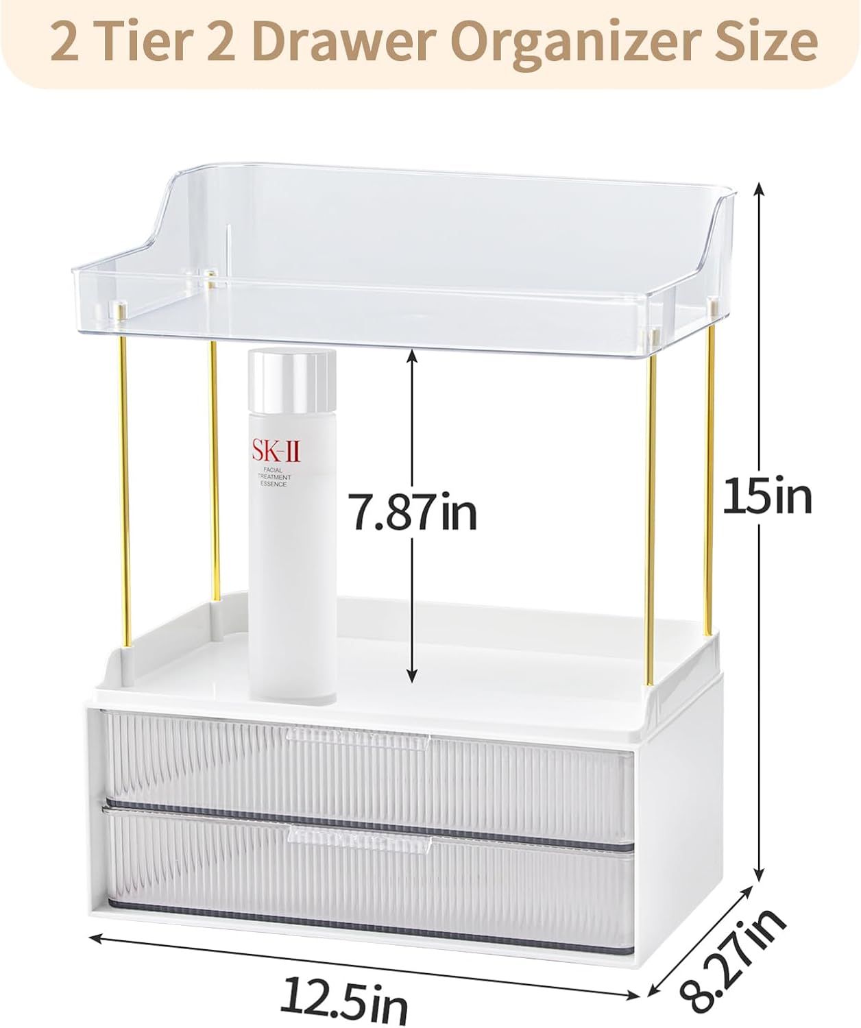 2-Tier 2-Drawer Bathroom Countertop Organizer, Skin Care Large Organizer, Multi-Purpose Makeup Storage Rack for Vanity, Cosmetic Counter Organizer (Clear) - Image 5