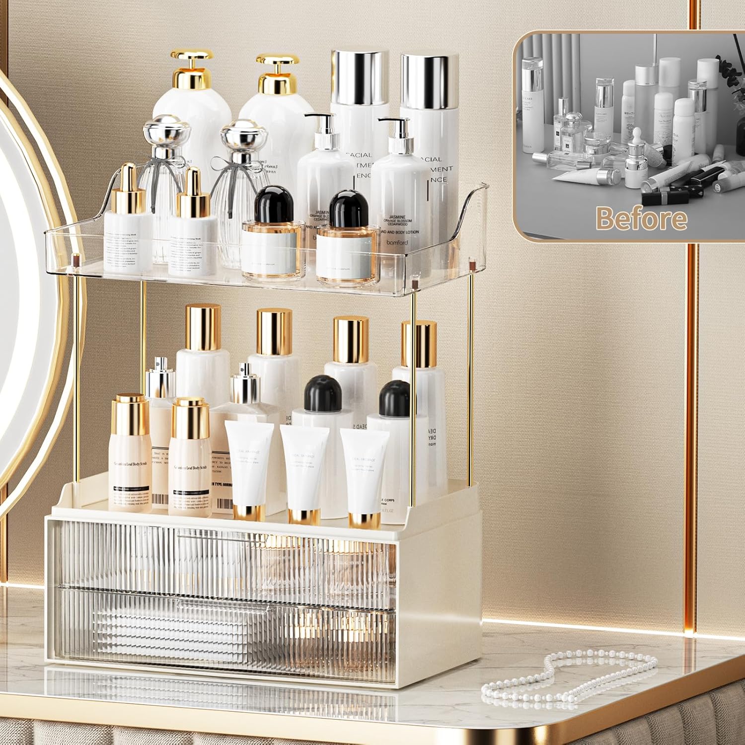 2-Tier 2-Drawer Bathroom Countertop Organizer, Skin Care Large Organizer, Multi-Purpose Makeup Storage Rack for Vanity, Cosmetic Counter Organizer (Clear) - Image 6