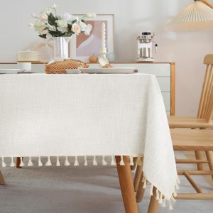 JIALE Textured Tablecloths, Heavy Duty Cotton Linen Farmhouse Table Cloth Rectangle Table, Waterproof Wrinkle-Free Rectangle Tablecloth for Kitchen, Dining, Parties, 55"x75", Ivory