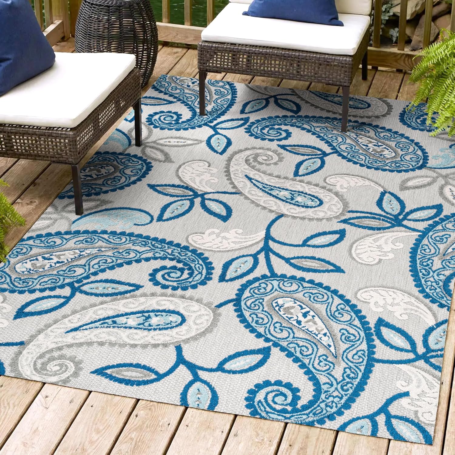 JONATHAN Y AMC102C-4 Julien Paisley High-Low Indoor Outdoor Area-Rug Bohemian Floral Easy-Cleaning High Traffic Bedroom Kitchen Backyard Patio Porch Non Shedding, 4 X 6, Blue/Light Gray