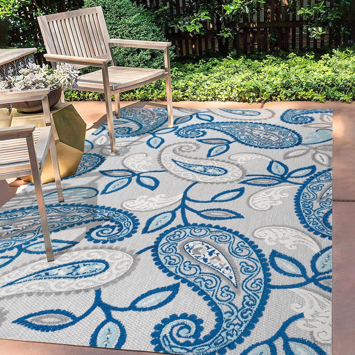 JONATHAN Y AMC102C-4 Julien Paisley High-Low Indoor Outdoor Area-Rug Bohemian Floral Easy-Cleaning High Traffic Bedroom Kitchen Backyard Patio Porch Non Shedding, 4 X 6, Blue/Light Gray - Image 3