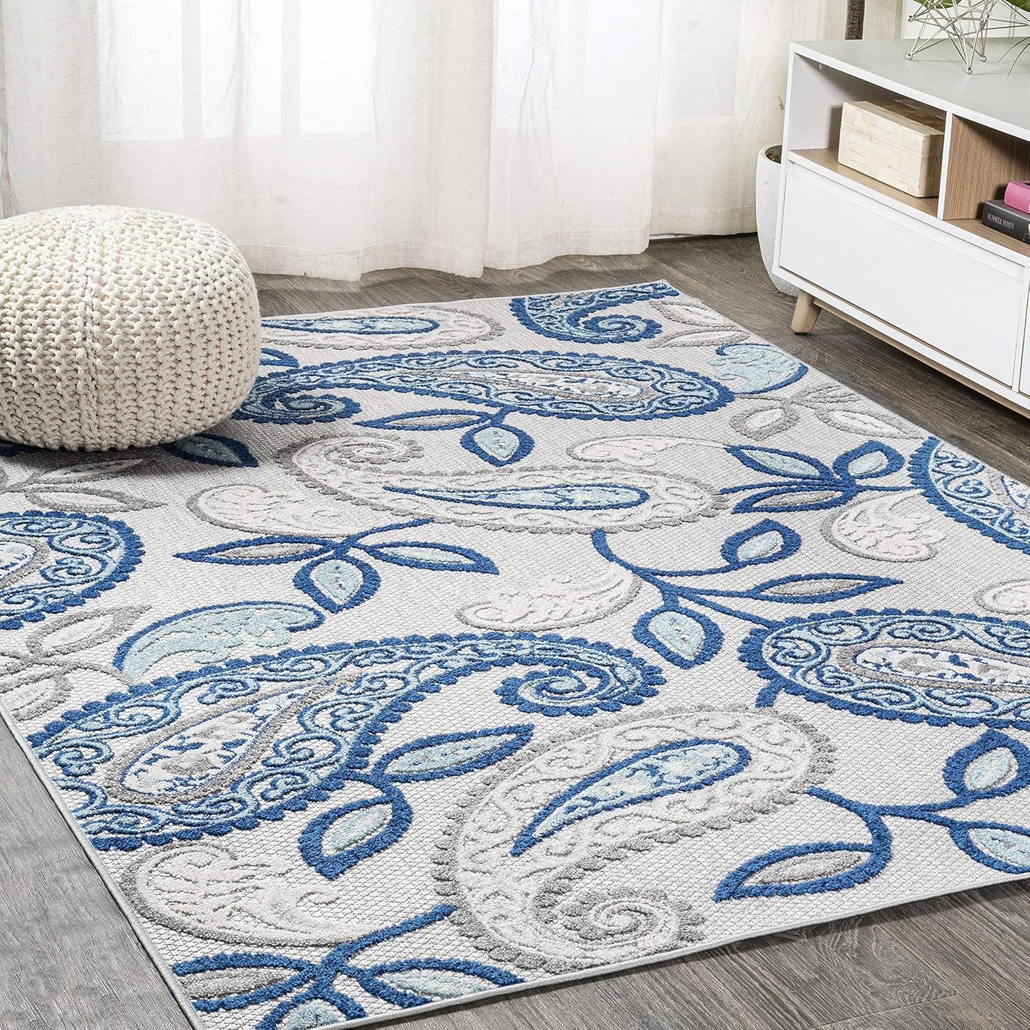 JONATHAN Y AMC102C-4 Julien Paisley High-Low Indoor Outdoor Area-Rug Bohemian Floral Easy-Cleaning High Traffic Bedroom Kitchen Backyard Patio Porch Non Shedding, 4 X 6, Blue/Light Gray - Image 4