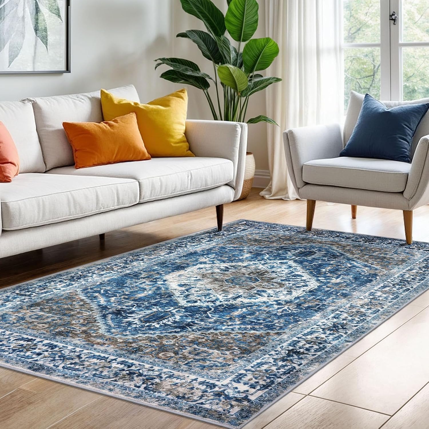 KOZYFLY Boho Area Rug 4x6 Ft Rugs for Entryway Washable Entry Rug Non Slip Rugs for Living Room Blue Printed Faux Wool Vintage Bedroom Rug Throw Rugs for Entrance Kitchen Living Room