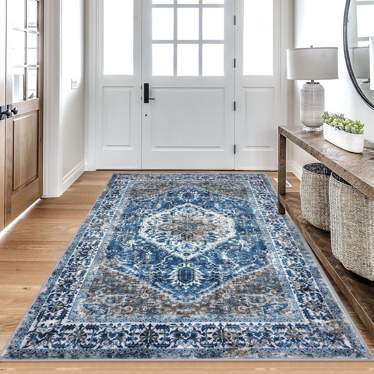 KOZYFLY Boho Area Rug 4x6 Ft Rugs for Entryway Washable Entry Rug Non Slip Rugs for Living Room Blue Printed Faux Wool Vintage Bedroom Rug Throw Rugs for Entrance Kitchen Living Room - Image 2