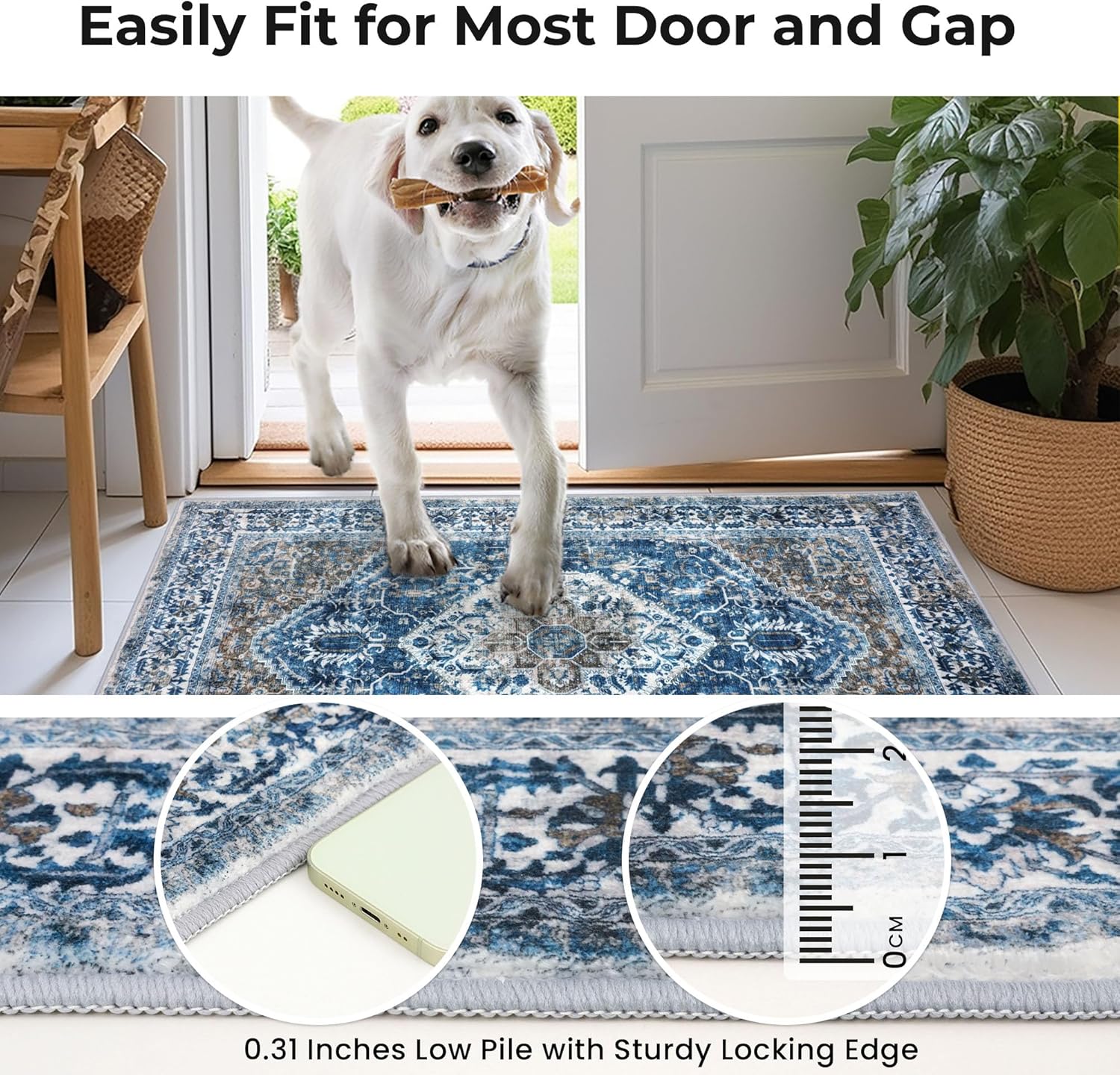 KOZYFLY Boho Area Rug 4x6 Ft Rugs for Entryway Washable Entry Rug Non Slip Rugs for Living Room Blue Printed Faux Wool Vintage Bedroom Rug Throw Rugs for Entrance Kitchen Living Room - Image 7