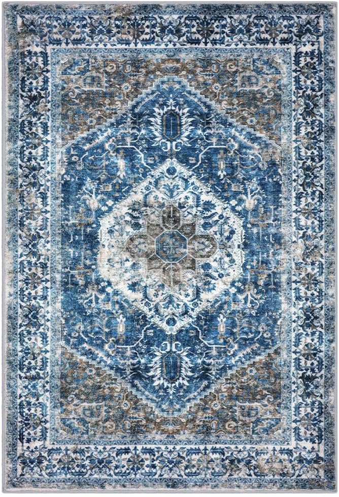 KOZYFLY Boho Area Rug 4x6 Ft Rugs for Entryway Washable Entry Rug Non Slip Rugs for Living Room Blue Printed Faux Wool Vintage Bedroom Rug Throw Rugs for Entrance Kitchen Living Room - Image 8