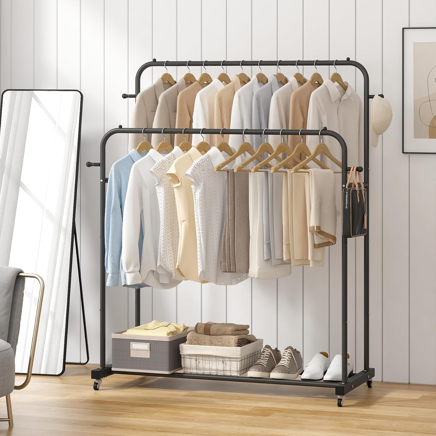 Laiensia Double Rods Garment Rack with Wheels, Clothing Rack for Hanging Clothes,4 Hooks, Multi-functional Bedroom Clothes Rack, Black - Image 3