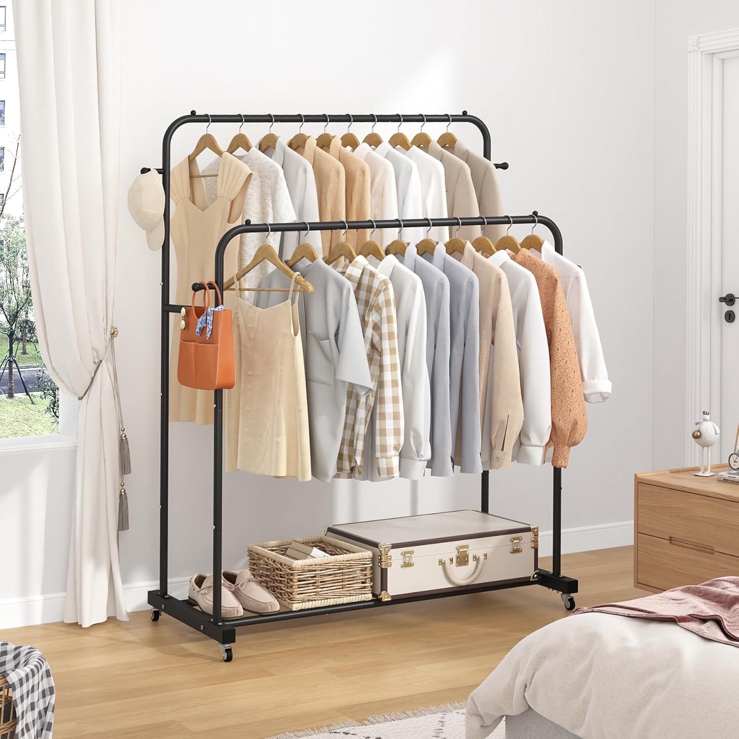 Laiensia Double Rods Garment Rack with Wheels, Clothing Rack for Hanging Clothes,4 Hooks, Multi-functional Bedroom Clothes Rack, Black - Image 4