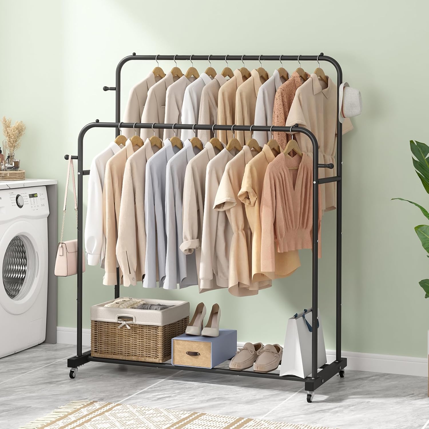 Laiensia Double Rods Garment Rack with Wheels, Clothing Rack for Hanging Clothes,4 Hooks, Multi-functional Bedroom Clothes Rack, Black - Image 5