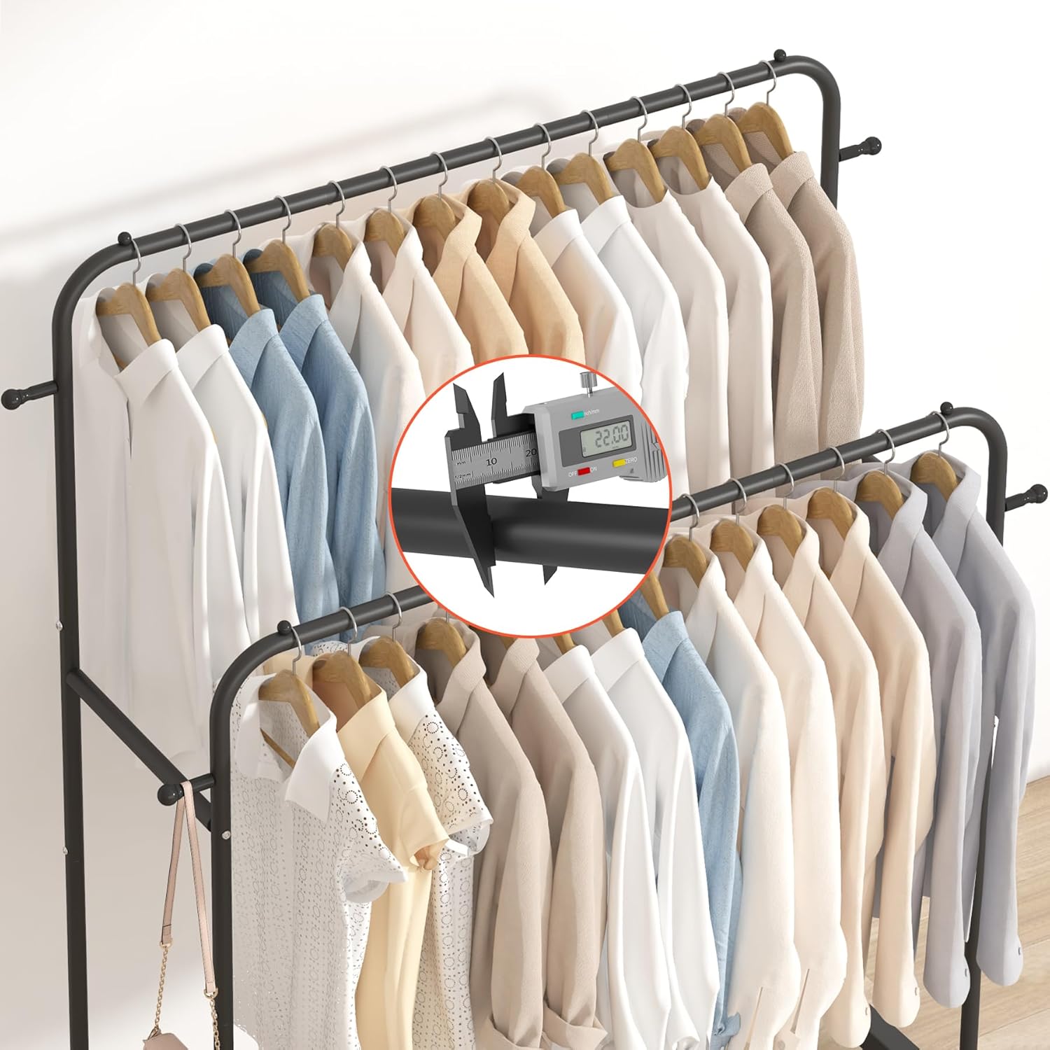 Laiensia Double Rods Garment Rack with Wheels, Clothing Rack for Hanging Clothes,4 Hooks, Multi-functional Bedroom Clothes Rack, Black - Image 7