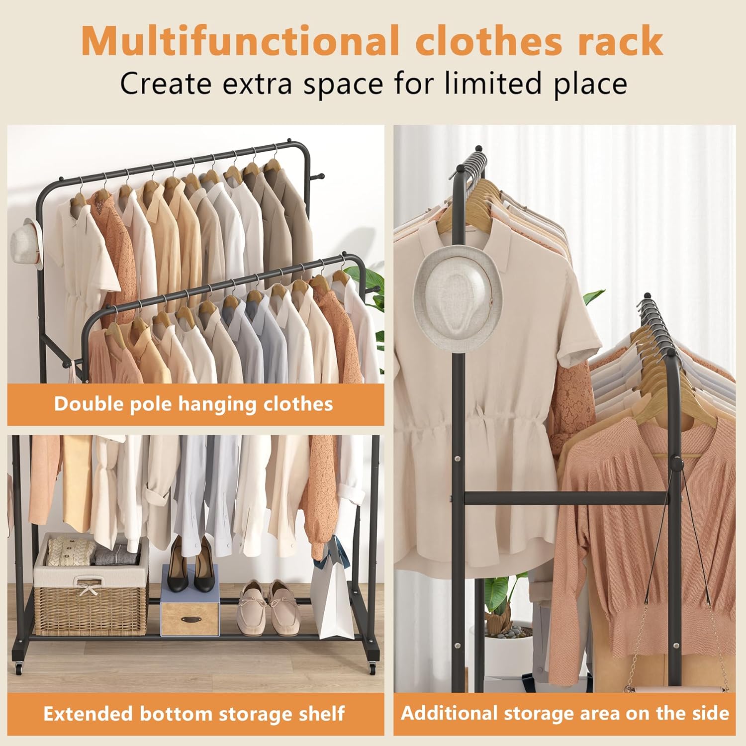 Laiensia Double Rods Garment Rack with Wheels, Clothing Rack for Hanging Clothes,4 Hooks, Multi-functional Bedroom Clothes Rack, Black - Image 8