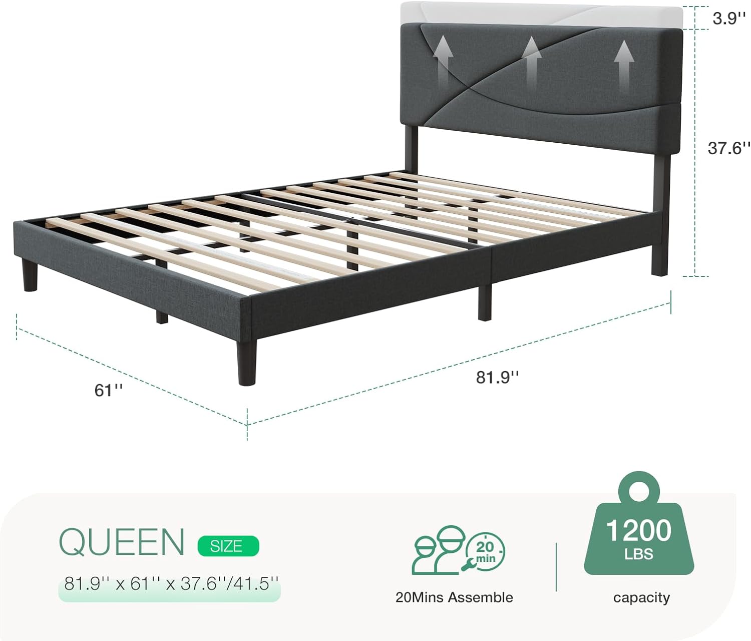 Novilla Queen Size Bed Frame Upholstered Platform Bed with Adjustable Headboard, Queen Bed Frame Upholstered Platform with Strong Wooden Slats, Easy Assembly, Dark Grey - Image 2