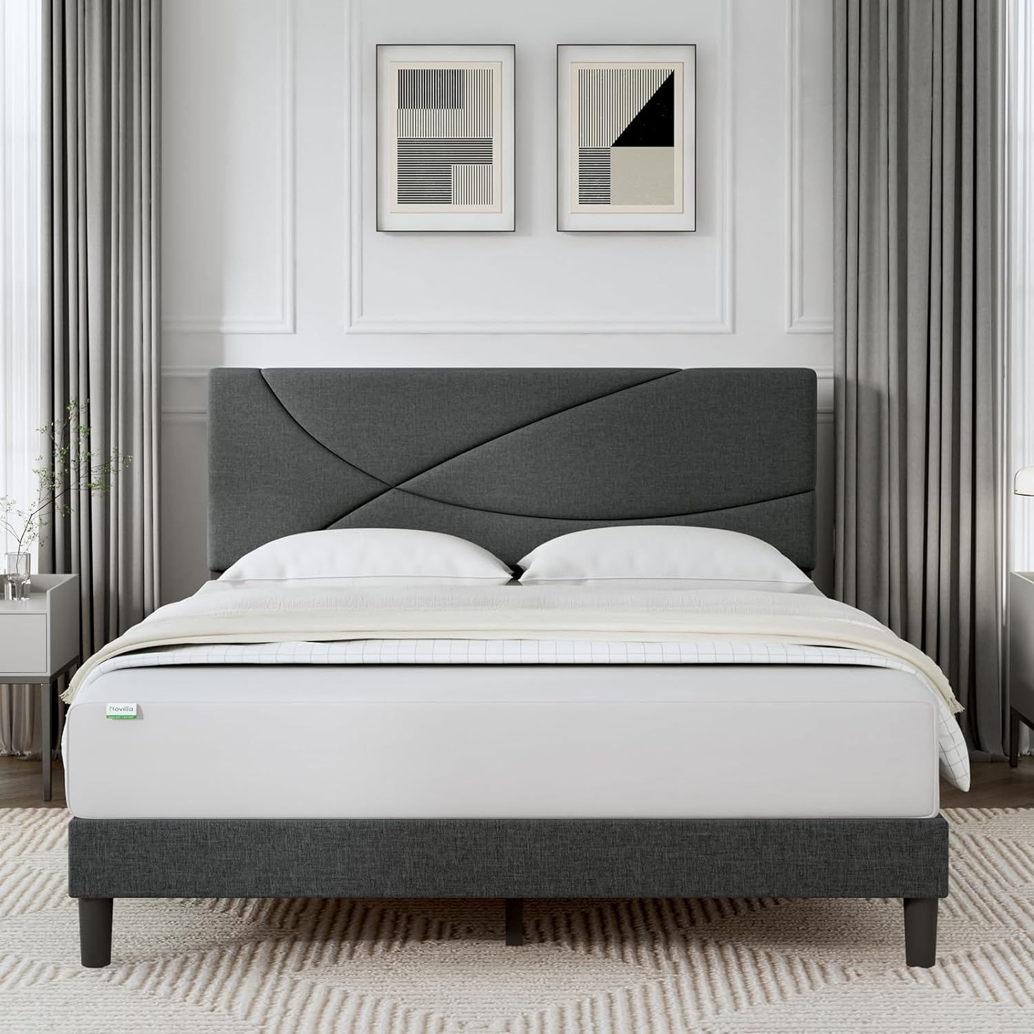 Novilla Queen Size Bed Frame Upholstered Platform Bed with Adjustable Headboard, Queen Bed Frame Upholstered Platform with Strong Wooden Slats, Easy Assembly, Dark Grey - Image 3