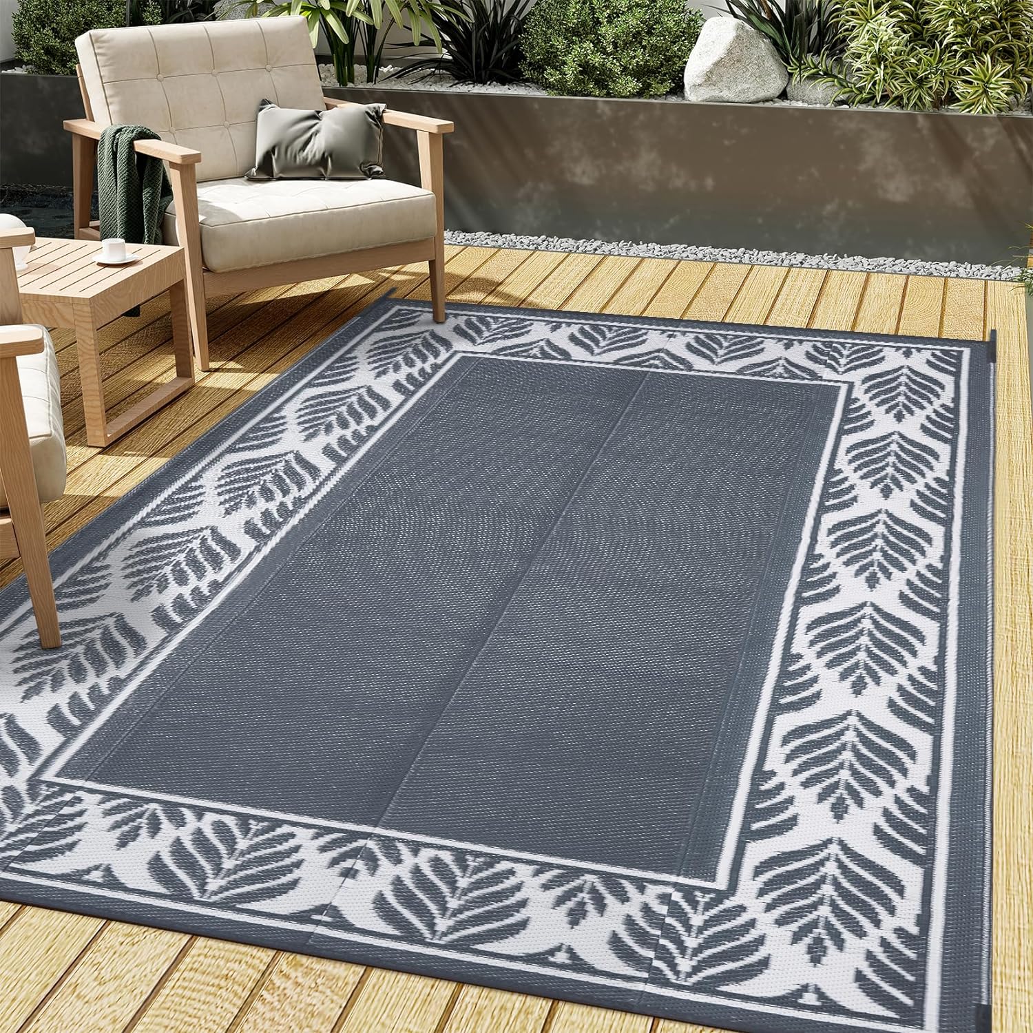 Outdoor Plastic Straw Rug, Waterproof Mat, Washable Large Floor Mat and Rug for Outdoors, RV, Beach, Patio, Camping, Backyard, Deck, Picnic, Trailer,Outside (Olive-Leaf/Grey&White,5x8ft)
