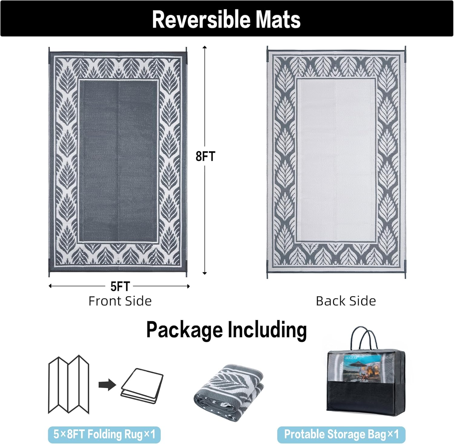 Outdoor Plastic Straw Rug, Waterproof Mat, Washable Large Floor Mat and Rug for Outdoors, RV, Beach, Patio, Camping, Backyard, Deck, Picnic, Trailer,Outside (Olive-Leaf/Grey&White,5x8ft) - Image 2