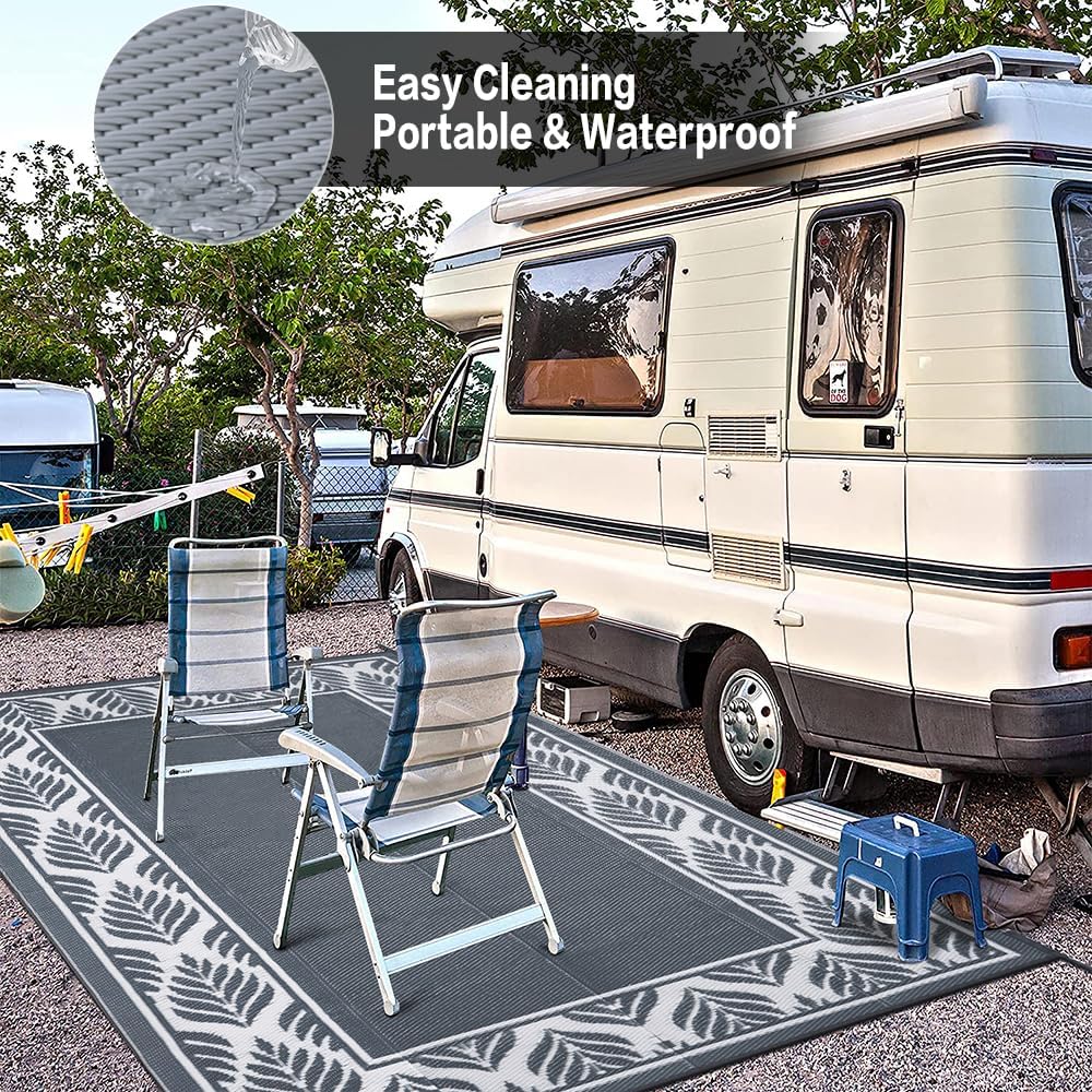 Outdoor Plastic Straw Rug, Waterproof Mat, Washable Large Floor Mat and Rug for Outdoors, RV, Beach, Patio, Camping, Backyard, Deck, Picnic, Trailer,Outside (Olive-Leaf/Grey&White,5x8ft) - Image 5