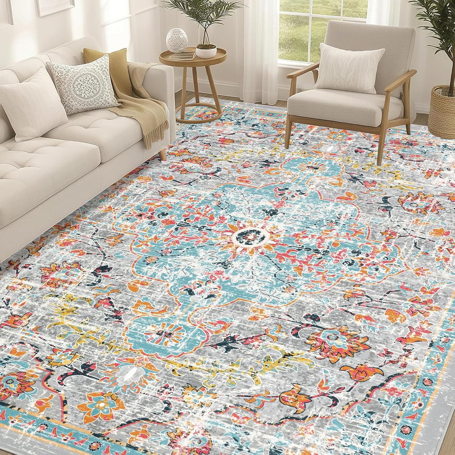 Pauwer Area Rugs 8x10 Clearance, Large Area Rug for Living Room, Machine Washable Area Rugs for Bedroom, Boho Farmhouse Vintage Floral Rugs, Non Slip Low Pile Accent Rug Floor Mat Carpet - Image 8