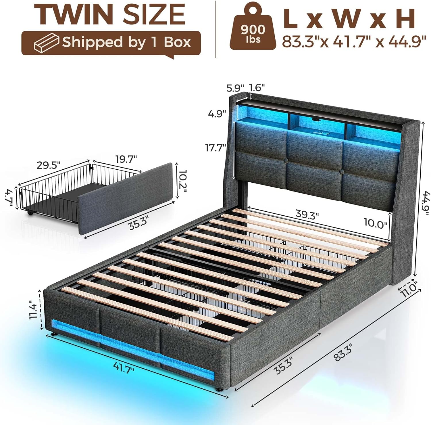 Rolanstar Twin Size Bed Frame with LED Lights and Charging Station, Upholstered Bed Storage Headboard & Drawers, Heavy Duty Wood Slats, Easy Assembly - Image 2