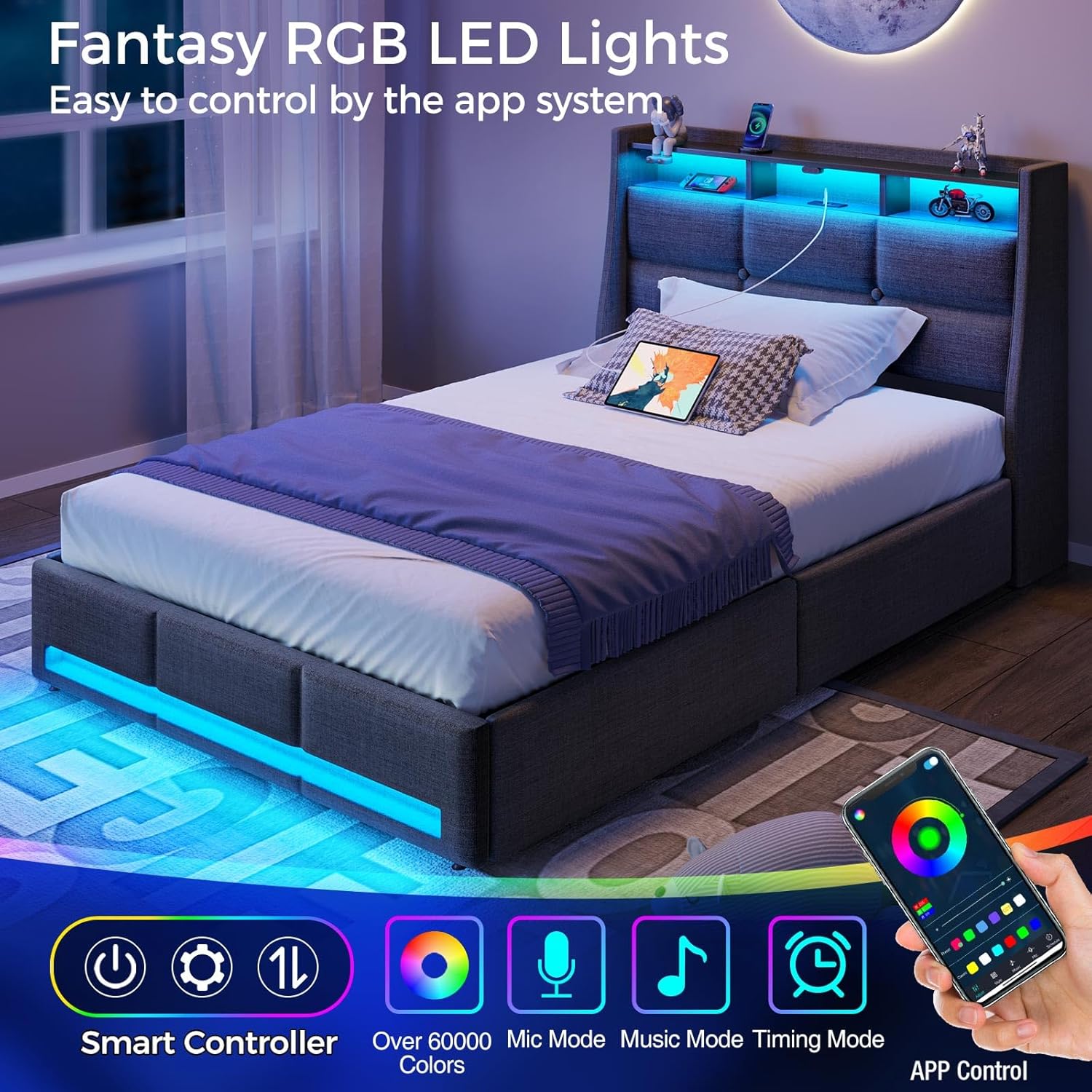 Rolanstar Twin Size Bed Frame with LED Lights and Charging Station, Upholstered Bed Storage Headboard & Drawers, Heavy Duty Wood Slats, Easy Assembly - Image 3