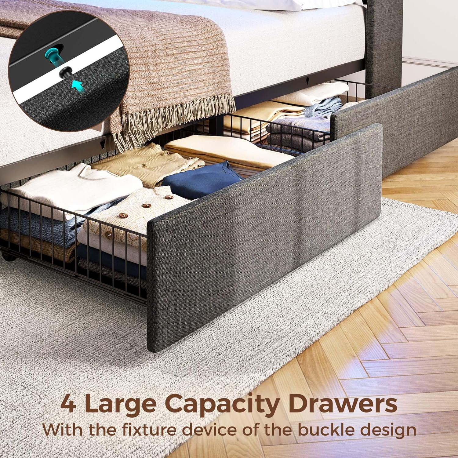 Rolanstar Twin Size Bed Frame with LED Lights and Charging Station, Upholstered Bed Storage Headboard & Drawers, Heavy Duty Wood Slats, Easy Assembly - Image 6