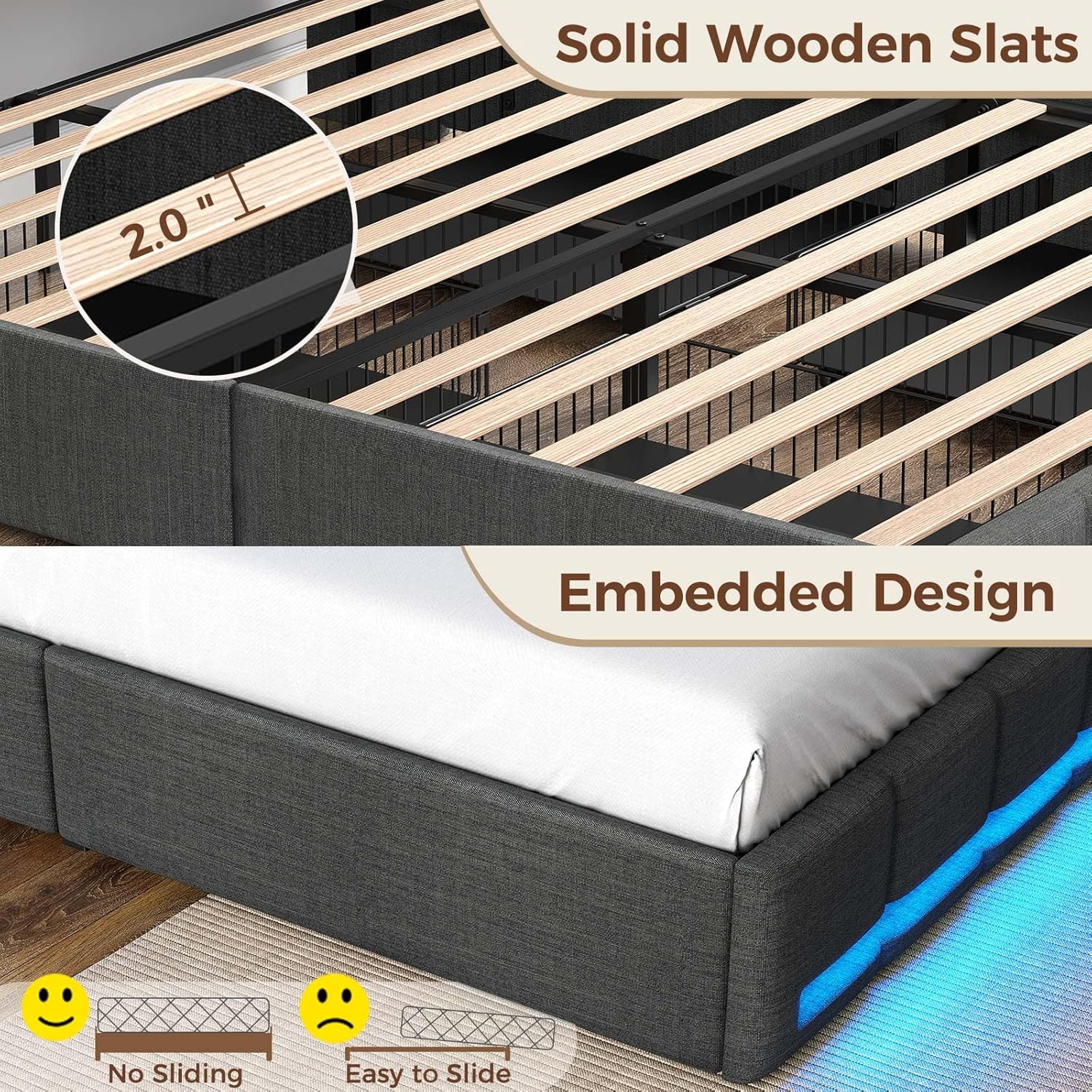 Rolanstar Twin Size Bed Frame with LED Lights and Charging Station, Upholstered Bed Storage Headboard & Drawers, Heavy Duty Wood Slats, Easy Assembly - Image 7
