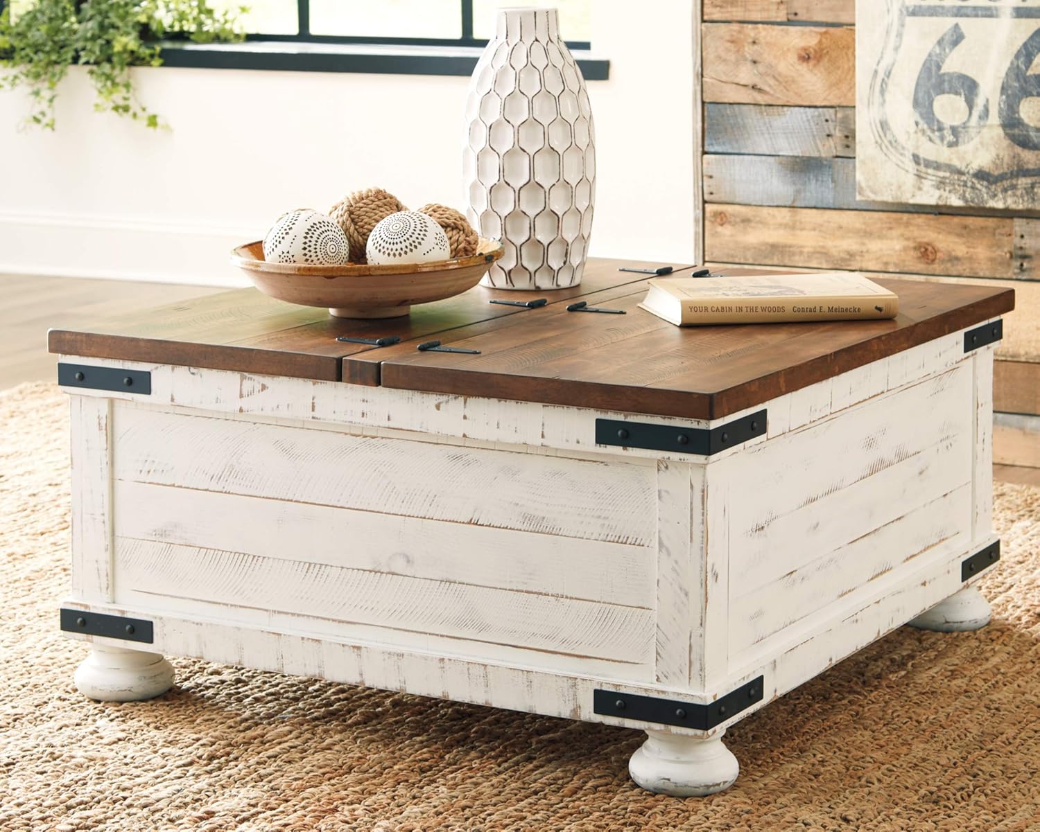 Signature Design by Ashley Wystfield Farmhouse Square Storage Coffee Table with Hinged Lift Top, Distressed White - Image 2