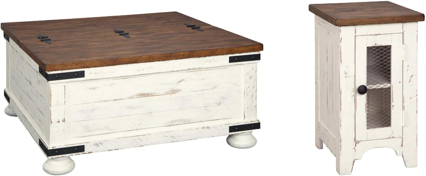 Signature Design by Ashley Wystfield Farmhouse Square Storage Coffee Table with Hinged Lift Top, Distressed White - Image 12