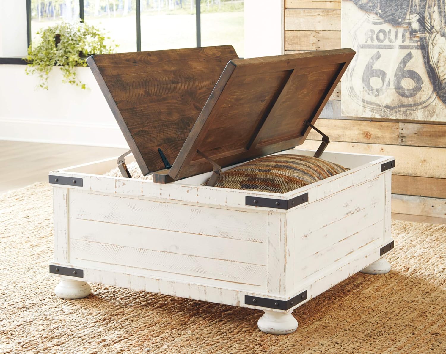 Signature Design by Ashley Wystfield Farmhouse Square Storage Coffee Table with Hinged Lift Top, Distressed White - Image 7