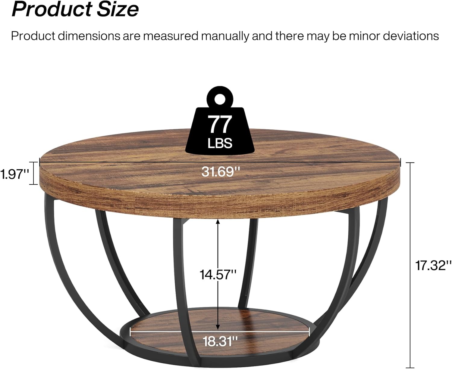 Tribesigns Round Coffee Table, 31.7" Wooden 2-Tier Circle Coffee Table with Storage Shelves, Modern Accent Cocktail Table Center Table for Living Room, Rustic Brown - Image 2