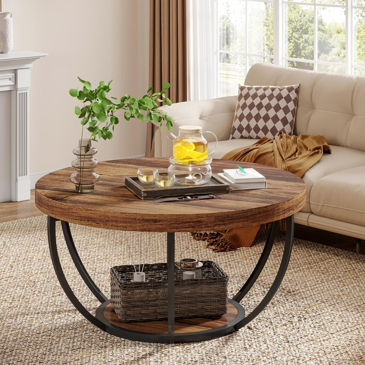 Tribesigns Round Coffee Table, 31.7" Wooden 2-Tier Circle Coffee Table with Storage Shelves, Modern Accent Cocktail Table Center Table for Living Room, Rustic Brown - Image 3