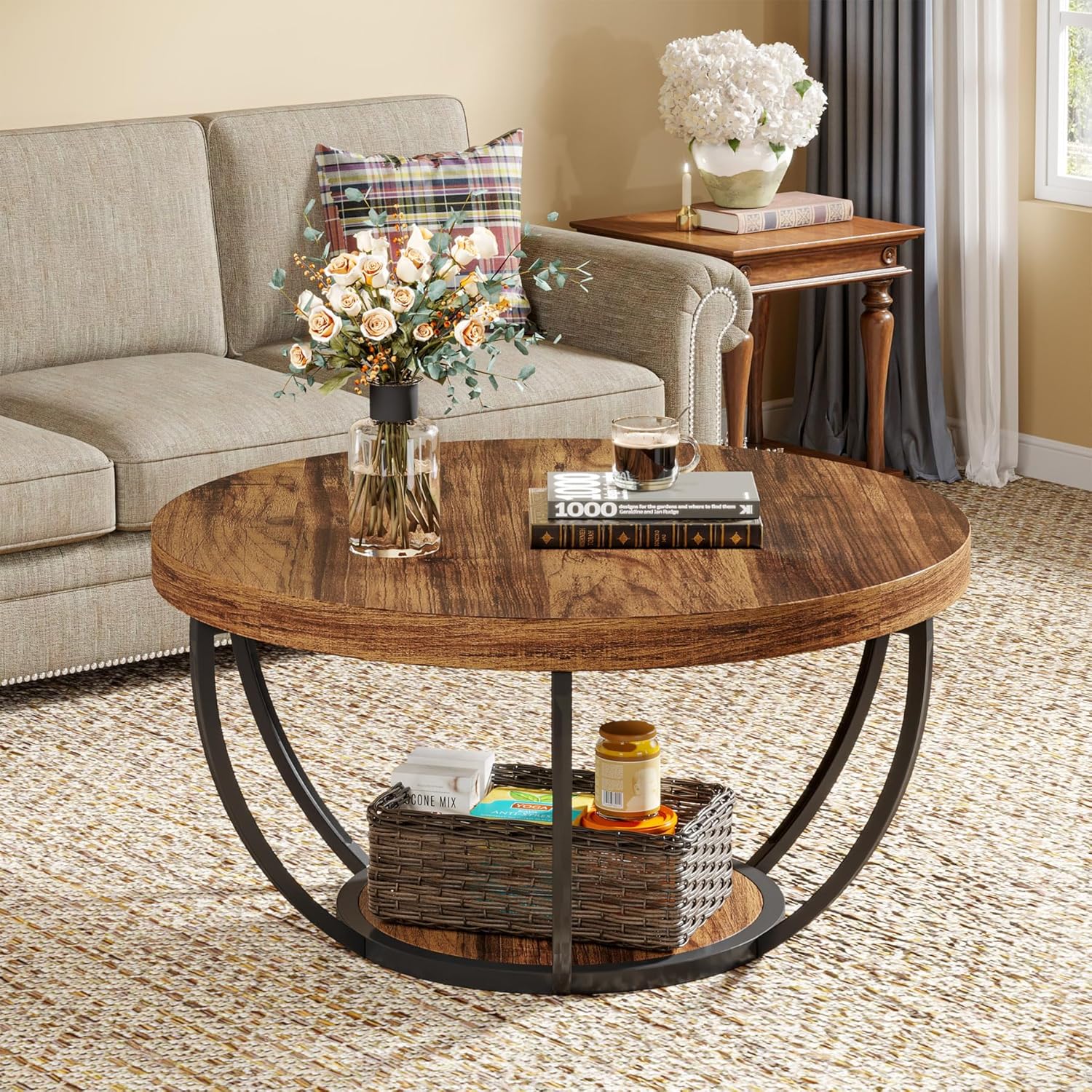 Tribesigns Round Coffee Table, 31.7" Wooden 2-Tier Circle Coffee Table with Storage Shelves, Modern Accent Cocktail Table Center Table for Living Room, Rustic Brown - Image 4