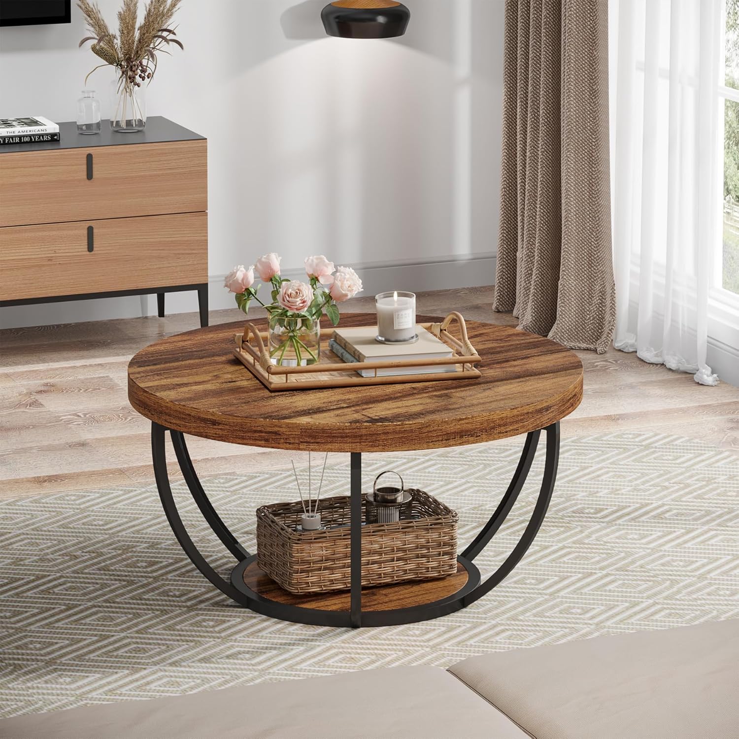 Tribesigns Round Coffee Table, 31.7" Wooden 2-Tier Circle Coffee Table with Storage Shelves, Modern Accent Cocktail Table Center Table for Living Room, Rustic Brown - Image 5