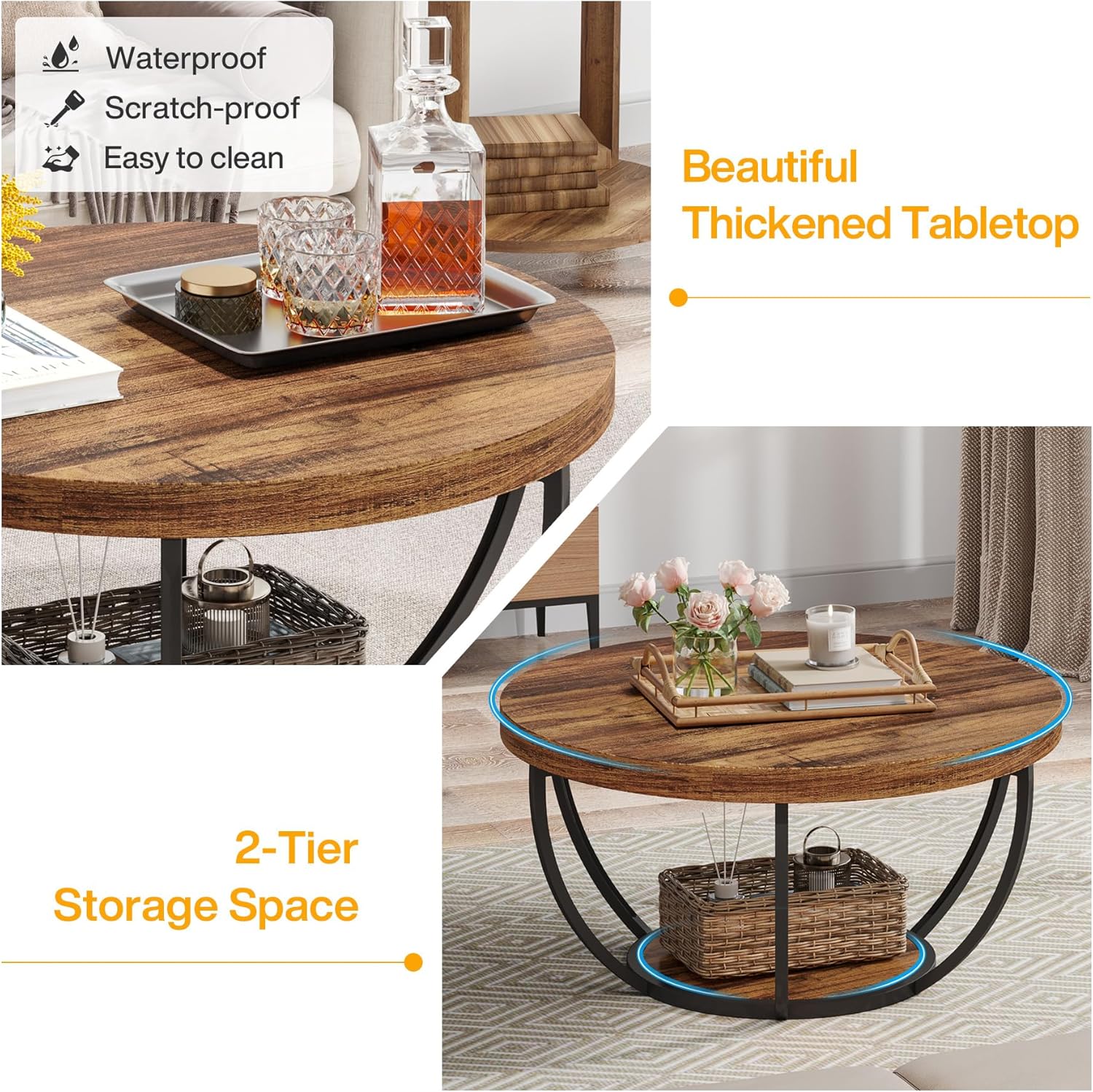 Tribesigns Round Coffee Table, 31.7" Wooden 2-Tier Circle Coffee Table with Storage Shelves, Modern Accent Cocktail Table Center Table for Living Room, Rustic Brown - Image 6