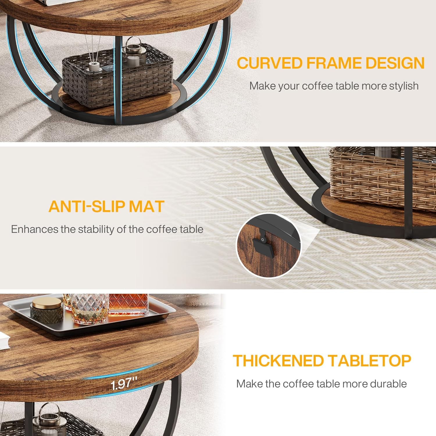Tribesigns Round Coffee Table, 31.7" Wooden 2-Tier Circle Coffee Table with Storage Shelves, Modern Accent Cocktail Table Center Table for Living Room, Rustic Brown - Image 7