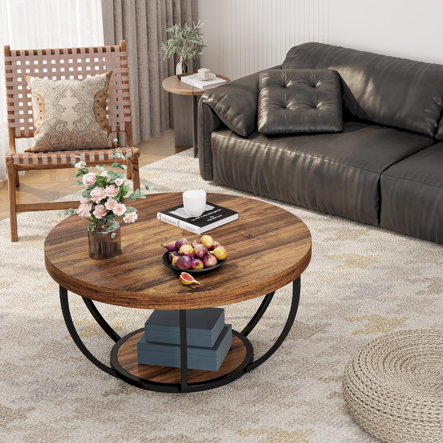 Tribesigns Round Coffee Table, 31.7" Wooden 2-Tier Circle Coffee Table with Storage Shelves, Modern Accent Cocktail Table Center Table for Living Room, Rustic Brown - Image 8