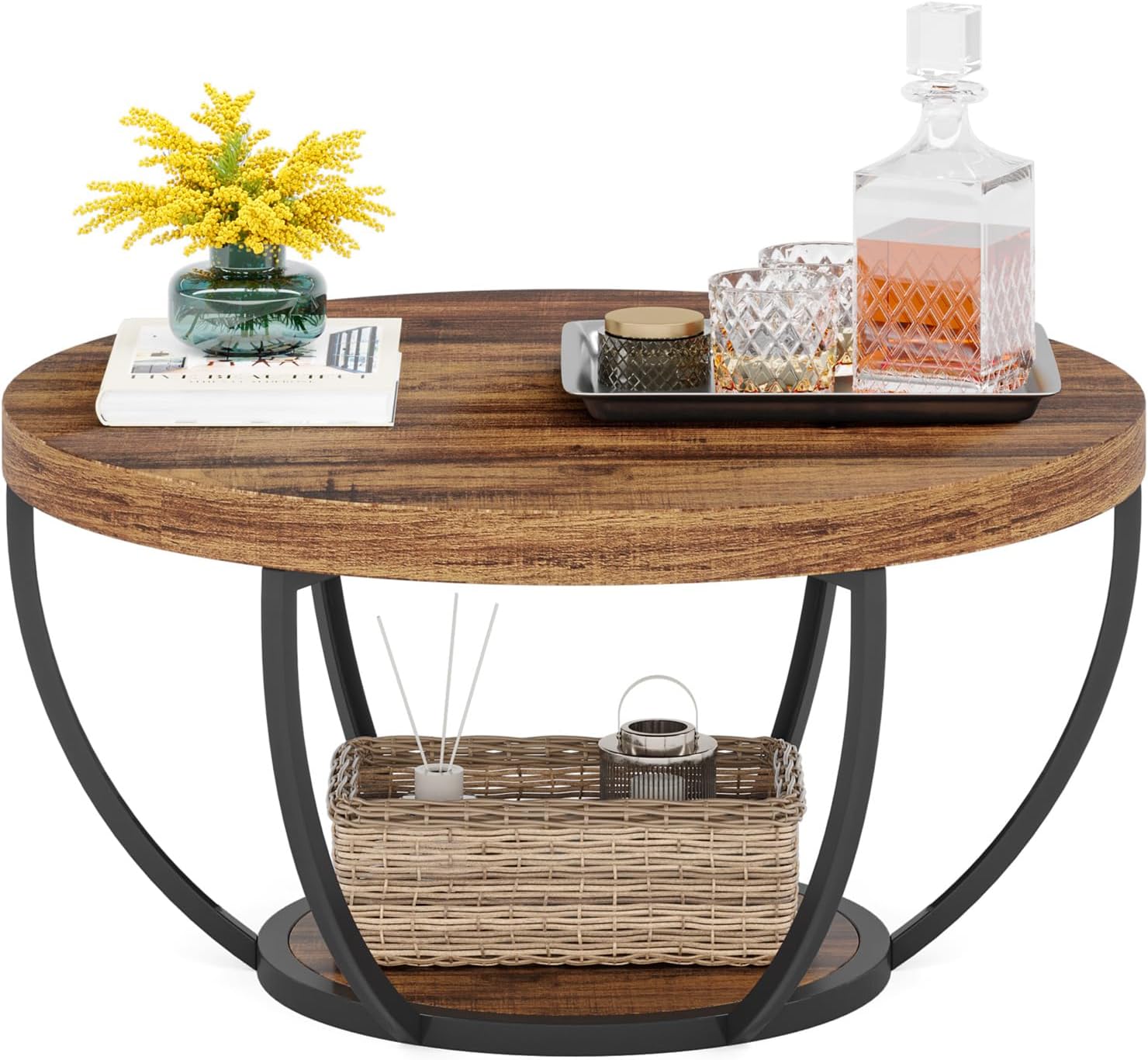 Tribesigns Round Coffee Table, 31.7" Wooden 2-Tier Circle Coffee Table with Storage Shelves, Modern Accent Cocktail Table Center Table for Living Room, Rustic Brown - Image 9